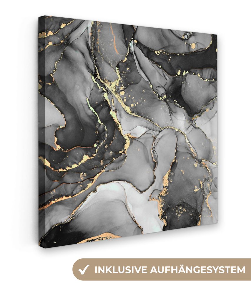MuchoWow - Leinwandbilder - Marmor - Schwarz - Gold - Grau, Wandbild, Wanddeko Bilder Wohnzimmer, 90x90 cm