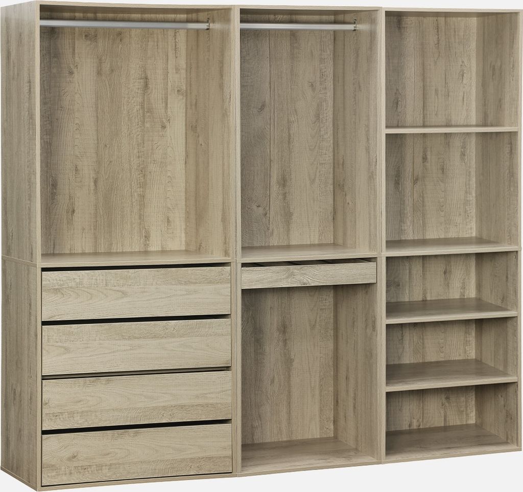 A modular wardrobe set with three elements, showing open compartments and drawers.