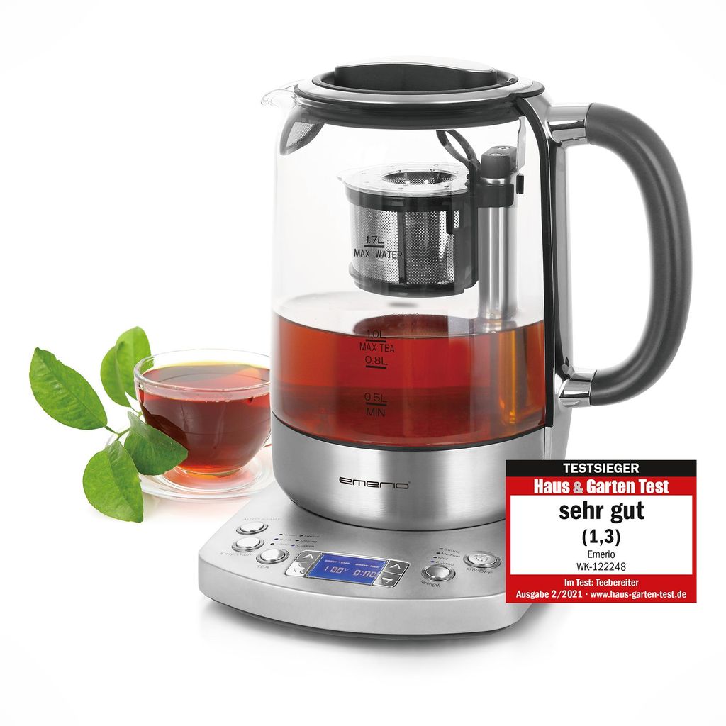 Emerio Glas-Wasserkocher 1,7 L – 2200 W – Digital – 5 Temperaturen – Warmhaltefunktion – Automatisches Teesieb – Edelstahl/Glas – WK-...
