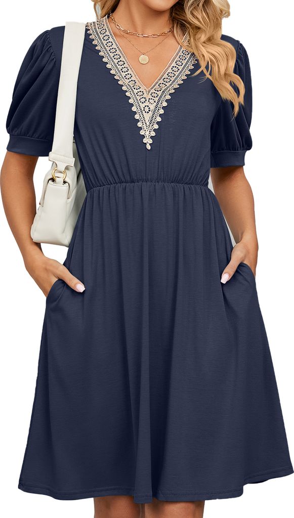 ASKSA Damen Kleider Sommer Kurzarm V-Ausschnitt kleid mit Taschen Taillenkleid Freizeitkleid, Marineblau, S