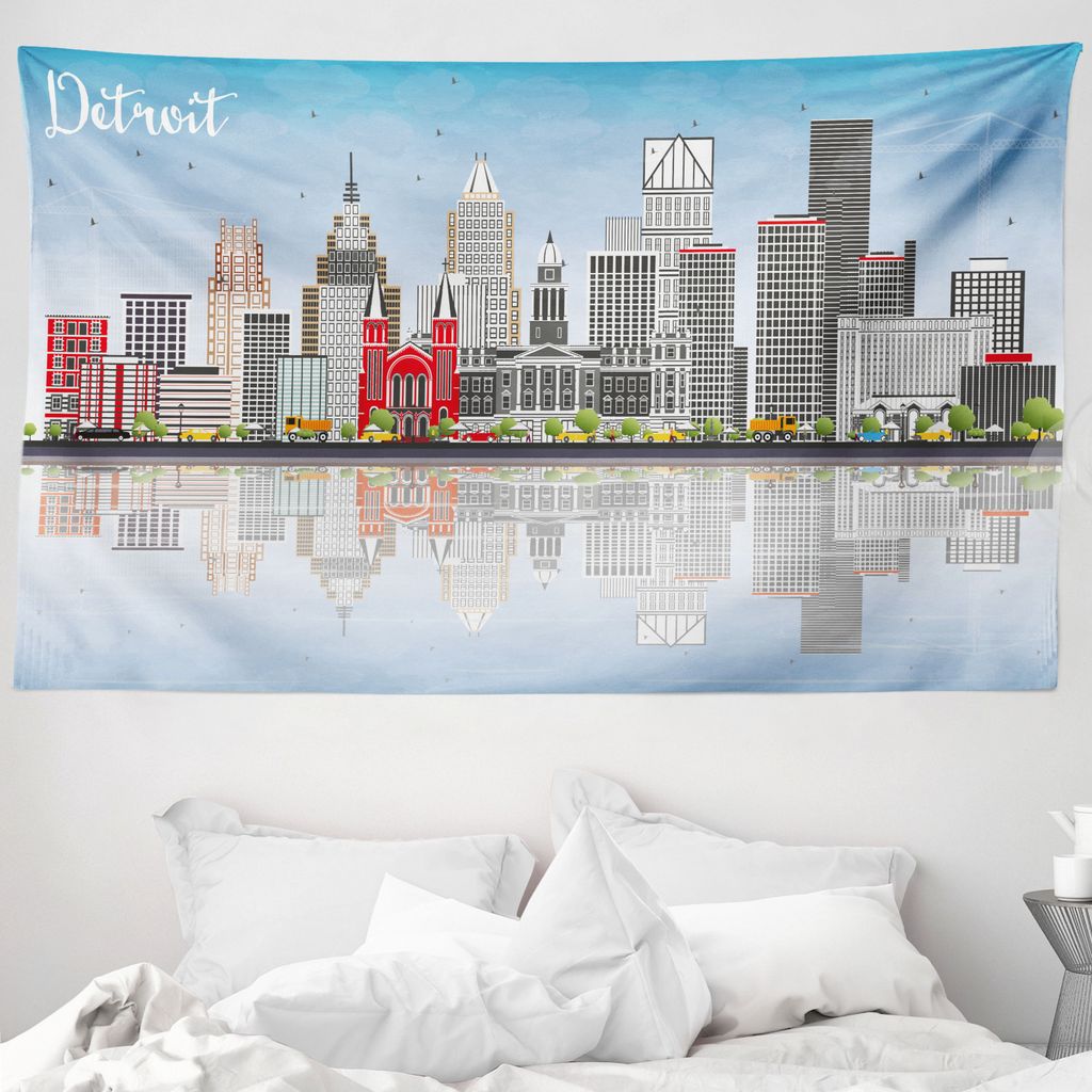 ABAKUHAUS Detroit Wandteppich, Stadtansicht Wolkenkratzer aus Weiches Mikrofaser Stoff Waschbar ohne Verblassen Digitaldruck, 230 x 140 cm, Mehrfarbig