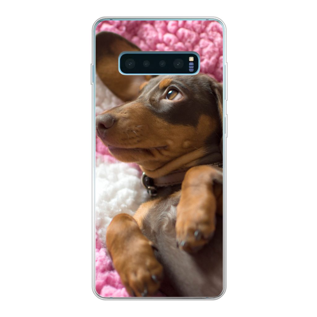 MuchoWow Handyhülle Schutzhülle Hülle für Samsung Galaxy S10 Lite Ein Dackelwelpe auf einer rosa Decke Silikon Softcase Handy Hülle - Schutz