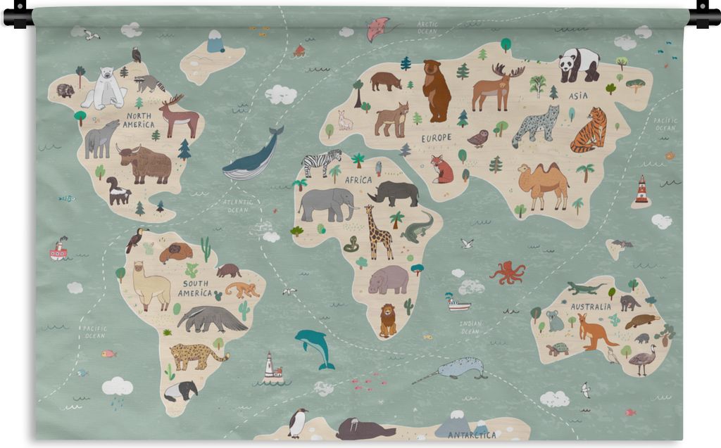 MuchoWow Wandteppich Wandbehang Erde - Weltkarte Kinder - Tiere - Jungen - Mädchen - Blau 60x40 cm Tapisserie Dekoration Wandtuch - Wanddekorati...