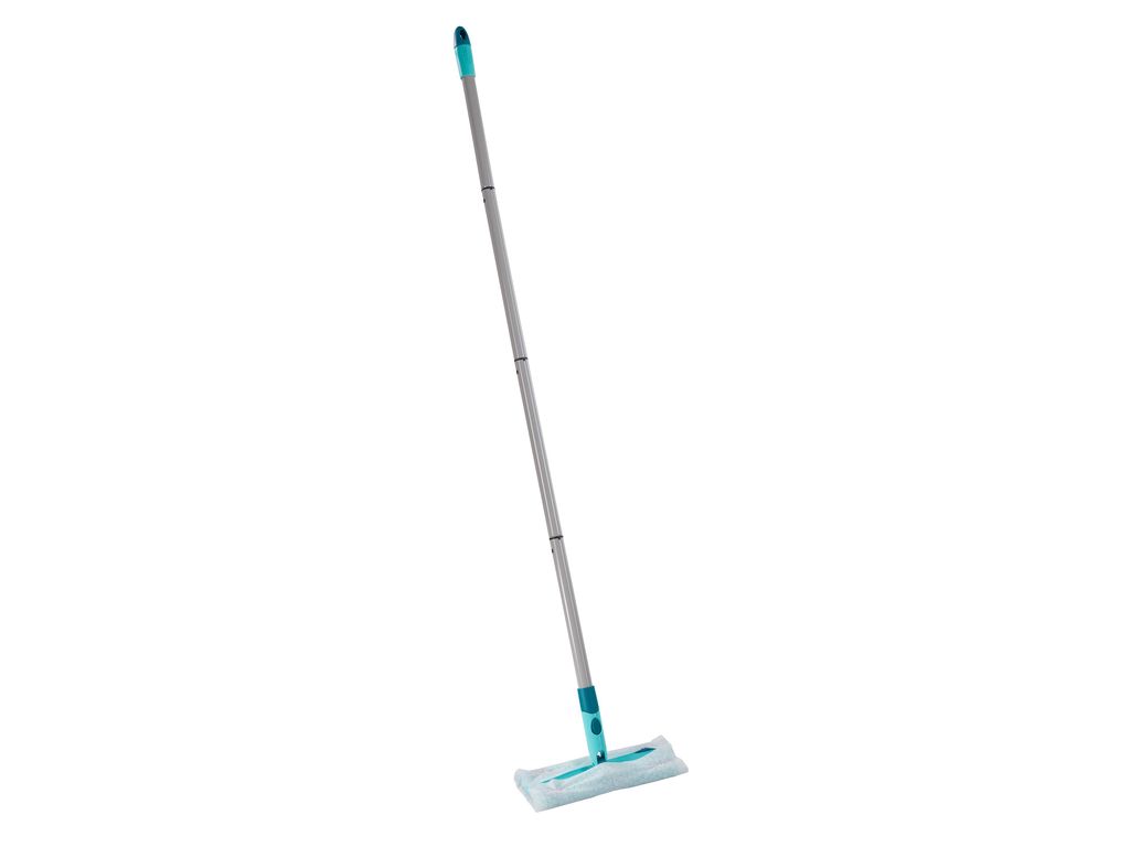 A mop with a silver handle and a blue and white mop head is shown against a white background.
