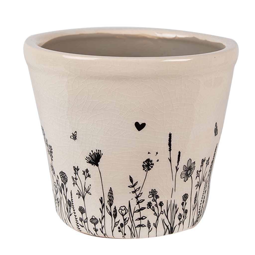 Clayre & Eef Blumentopf Ø 12x11 cm Beige Schwarz Keramik Blumen