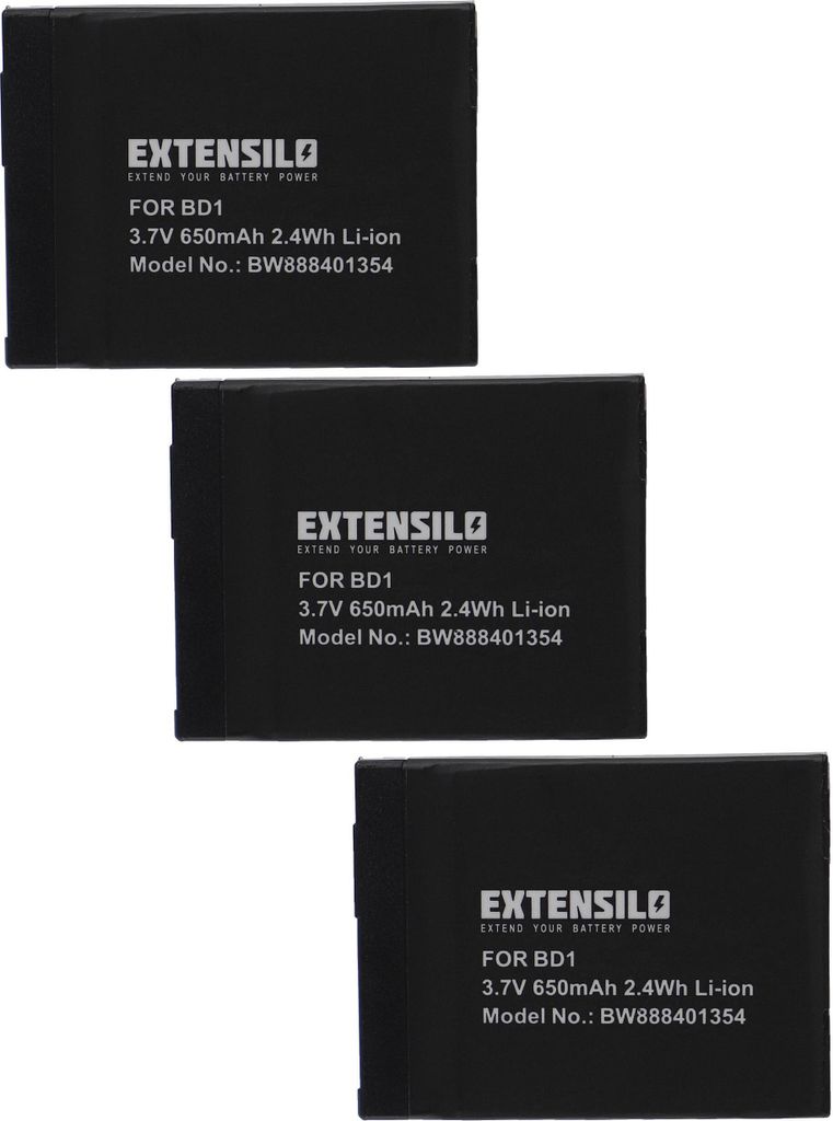EXTENSILO 3x Akku Ersatz für Sony NP-BD1, NP-FD1 für Kamera (650 mAh, 3,7 V, Li-Ion)