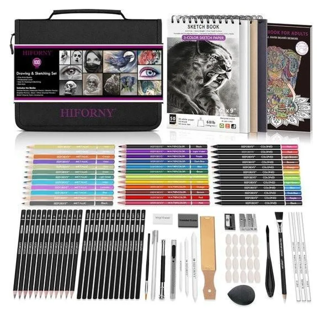 Set 100 Pezzi Disegno Professionale: Kit Artista con Carboncino e Acquerelli