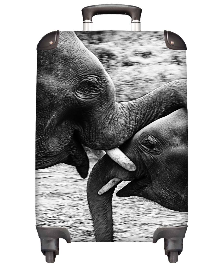MuchoWow Koffer Handgepäck Trolley Rollkoffer Kleine Reisekoffer mit 4 Rollen - Elefant - Tiere - Natur - Schwarz und weiß - Cabin Size < 55x40...