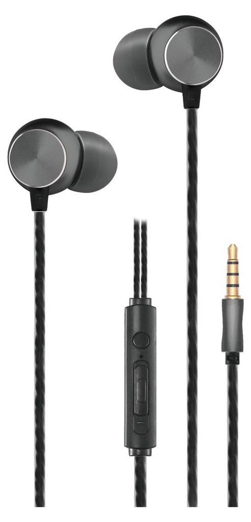 A pair of black and anthracite in-ear stereo headphones with a braided cable, inline microphone/control unit, and a 3.5mm audio jack.