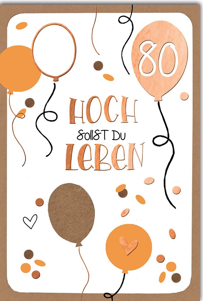 80. Geburtstag - Glückwunschkarte im Format 11,5 x 17 cm - kupfer Luft