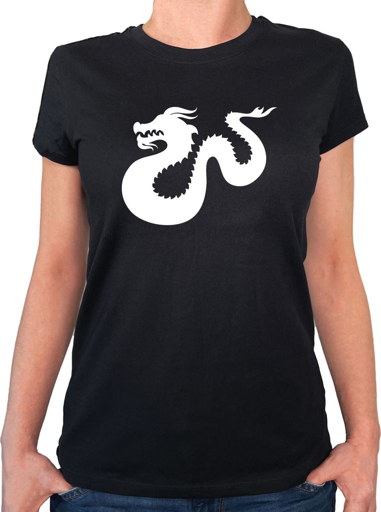 Huuraa Damen T-Shirt Dragon Silhouette XS Black Bio Baumwolle Fairtrade Damenshirt Geschenkidee