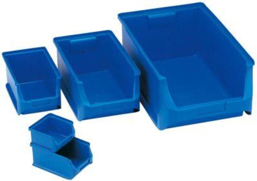 A collection of blue plastic storage bins of various sizes.