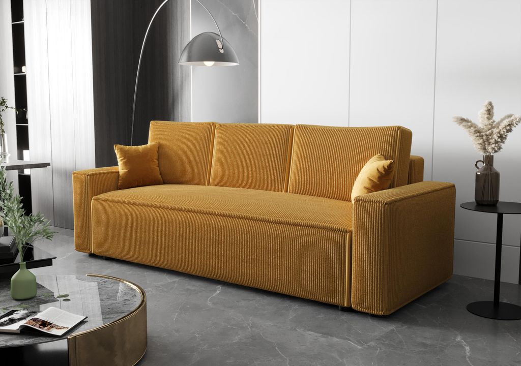 Schlafsofa ASTON 230x90 cm 3-Sitzer mit Bettfunktion & Bettkasten – Ausziehbares Sofa Couch Modern - Gelb