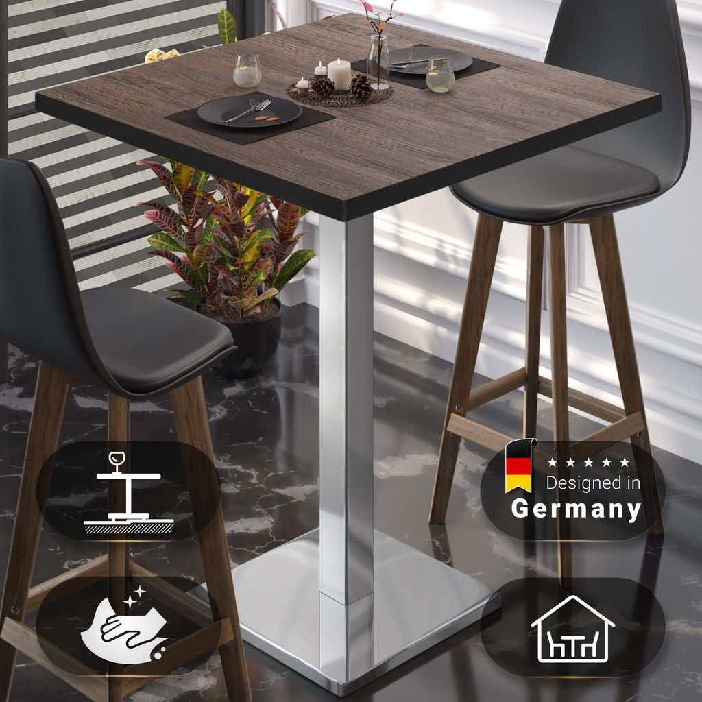 BM | Bistro Stehtisch | 80 x 80 x 108 cm | Quadratisch | Schwarzer Rand | Light Wenge / Edelstahl | Gastro Steh Tisch Restaurant