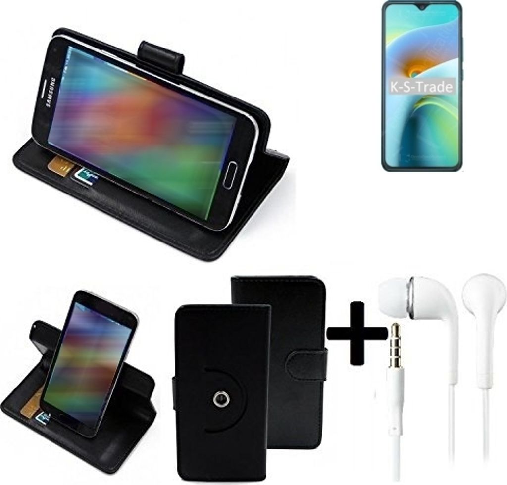 K-S-Trade Handy Hülle Schutz Hülle + Kopfhörer kompatibel mit Cubot J8 Handyhülle Flipcase Smartphone Cover Handy Schutz Tasche Walletcase schwarz