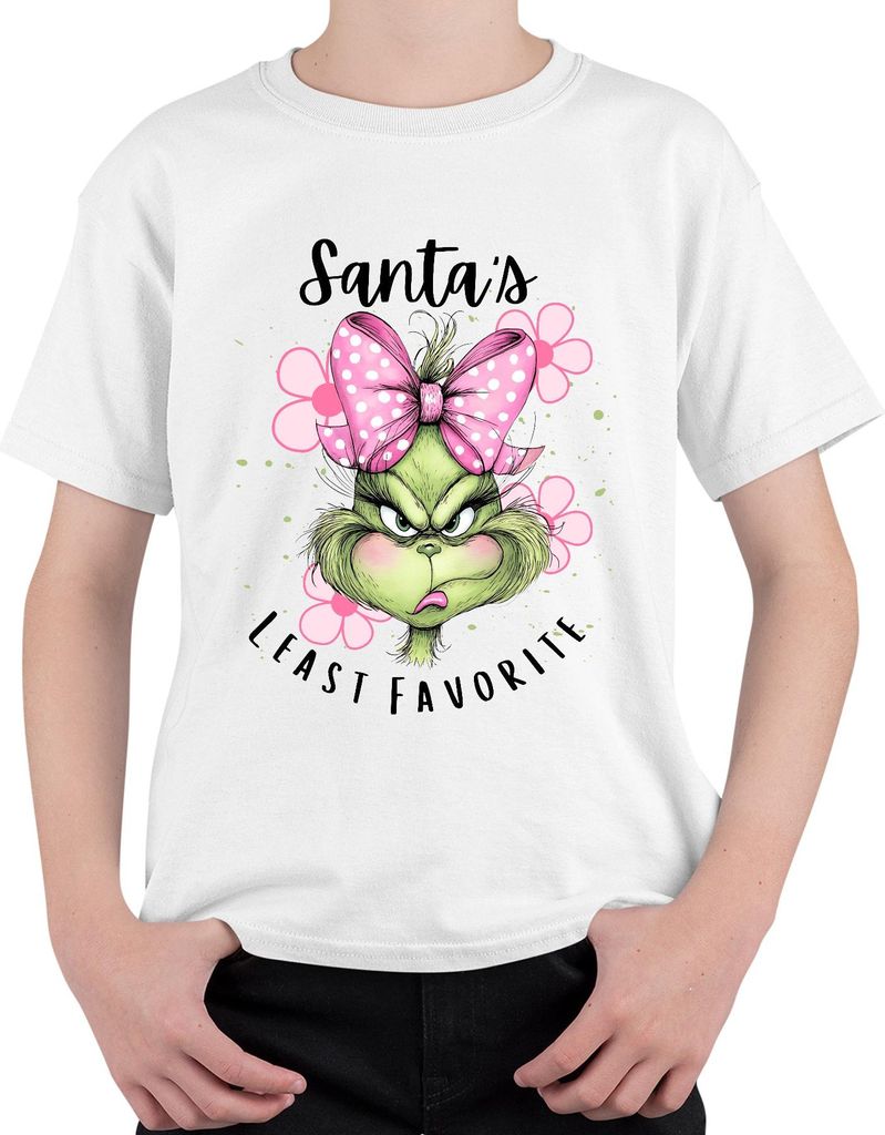 Santa's least favorite Grinch pink bow polka dot Weihnachten Uni Kinder T-Shirt, Weiß, 128