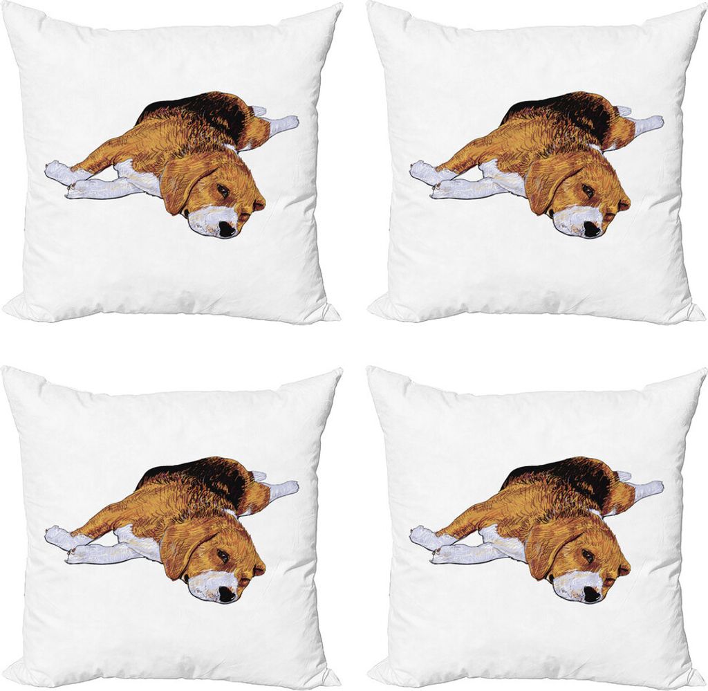 ABAKUHAUS Beagle Kissenbezug Set (4 Stück), Vor dem Einschlafen Hund, Moderner Doppelseitiger Digitaldruck, 60 cm x 60 cm, Sand Braun Koksgraue