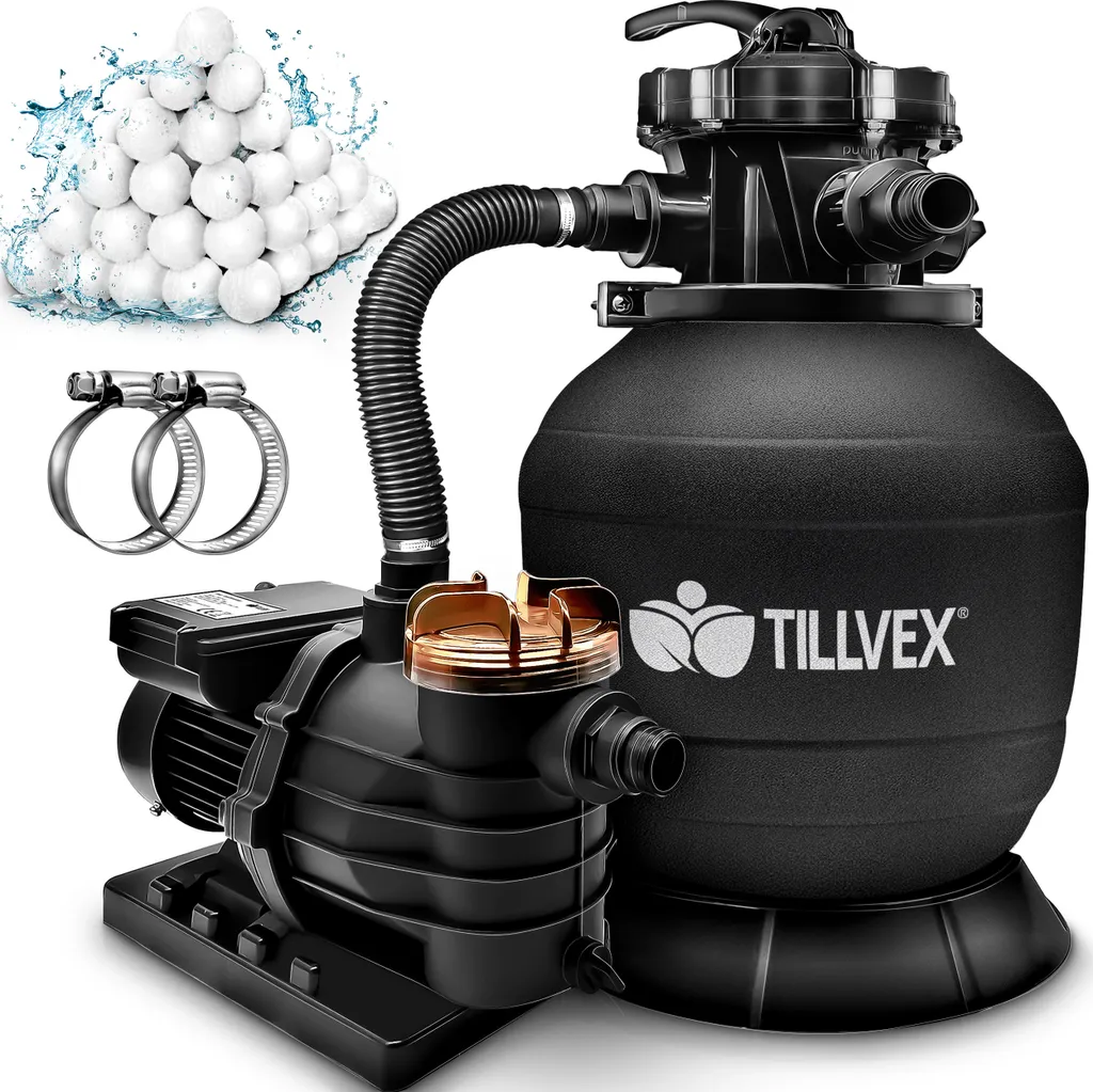 tillvex sistema di filtraggio a sabbia per piscina 10 m³/h incl. 800 g di sfere filtranti nere | sistema di filtraggio valvola a 7 vie & adattatore 2in1 Ø32mm - 38mm | filtro per piscina con indicatore di pressione | filtro a sabbia per piscine