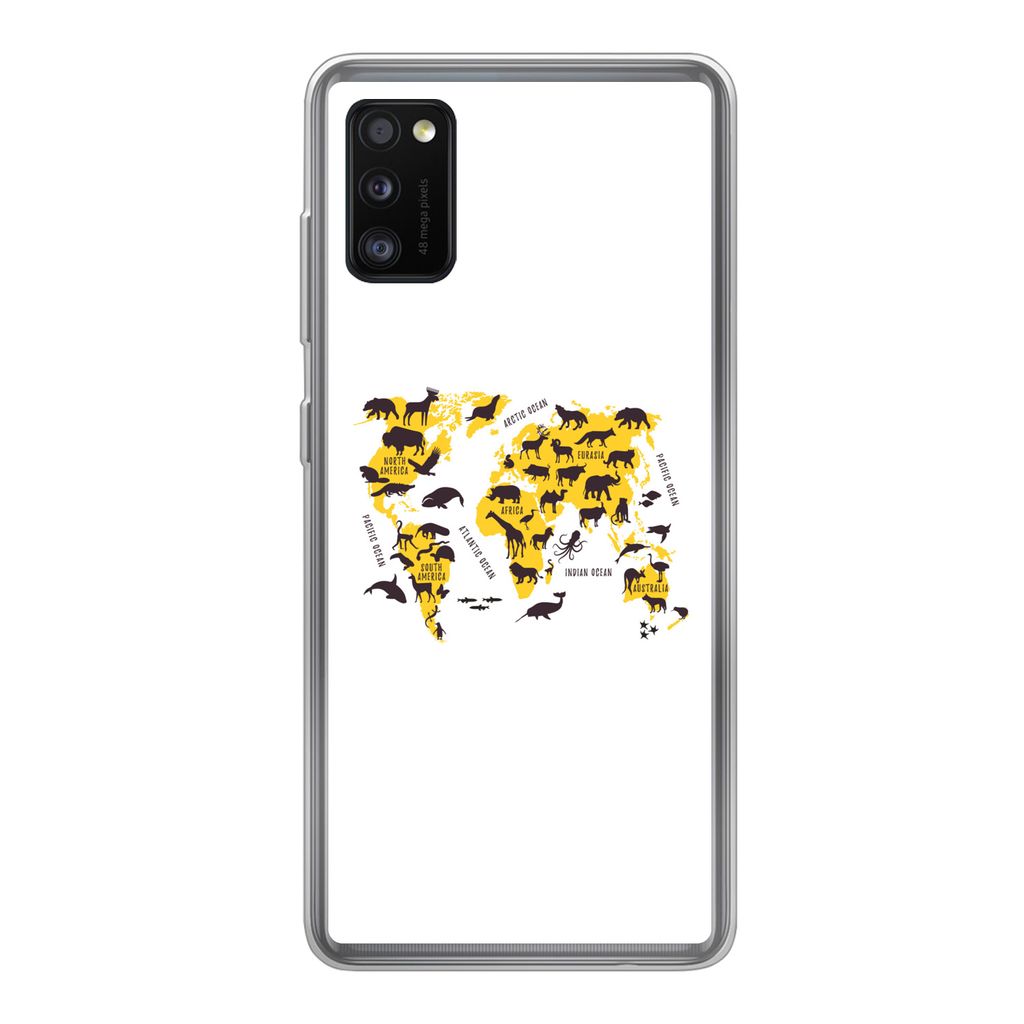 MuchoWow Handyhülle Schutzhülle Hülle für Samsung Galaxy A41 Weltkarte - Tiere - Gelb Silikon Softcase Handy Hülle - Mobiltelefon