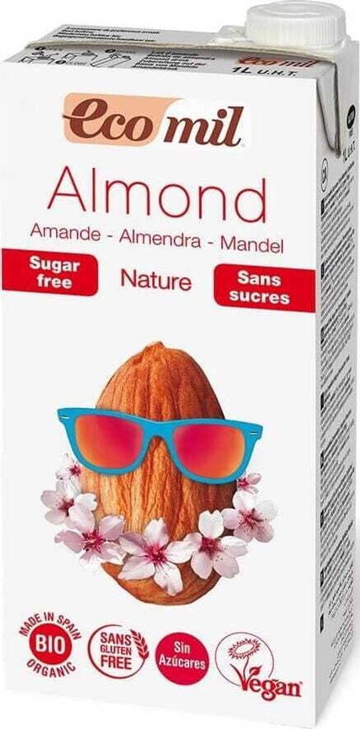 A carton of Ecomil Almond drink with a cartoon almond wearing sunglasses.