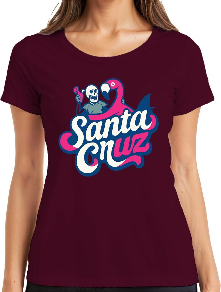 Santa Cruz Flamingo Skelett Strand California Surfen Skate Retro Damen T-Shirt, Burgundy, S