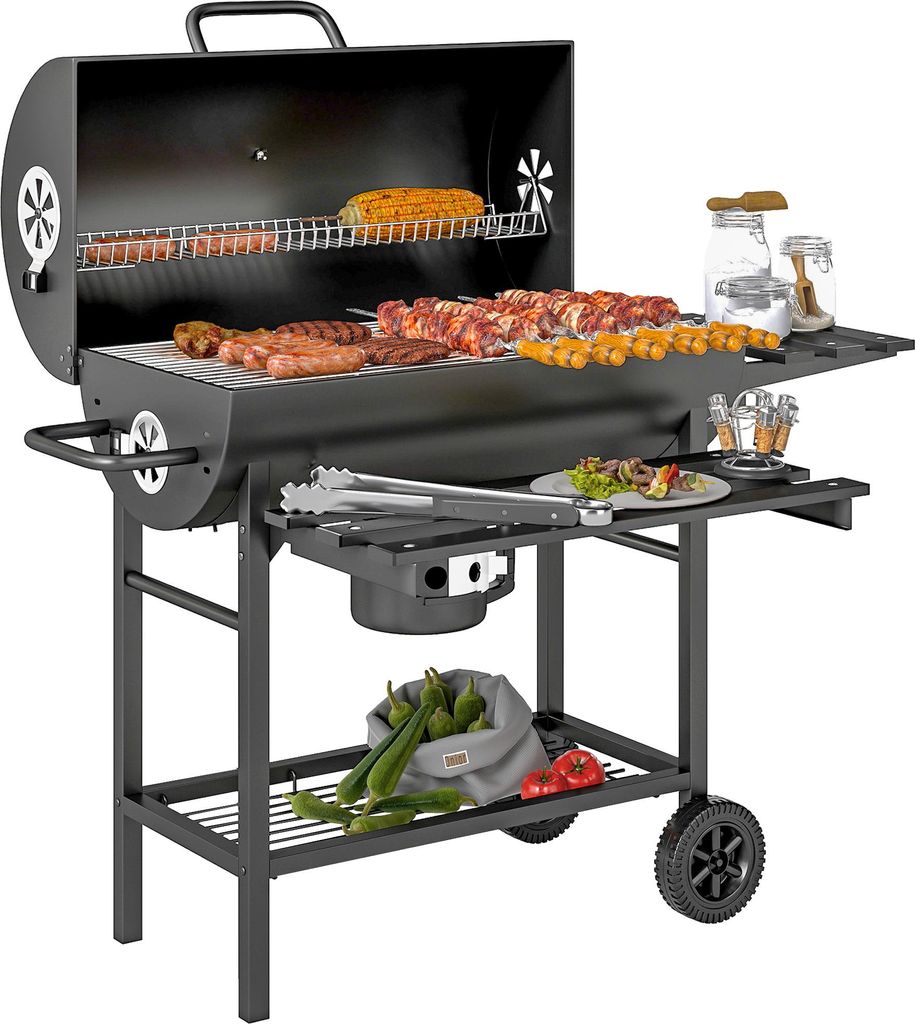 Holzkohlegrill aus Stahl BBQ Smoker mit Deckel Griffe Thermometer Räder fahrbar 114 x 65 x 95 cm, Schwarz, für vielseitige Verwendung