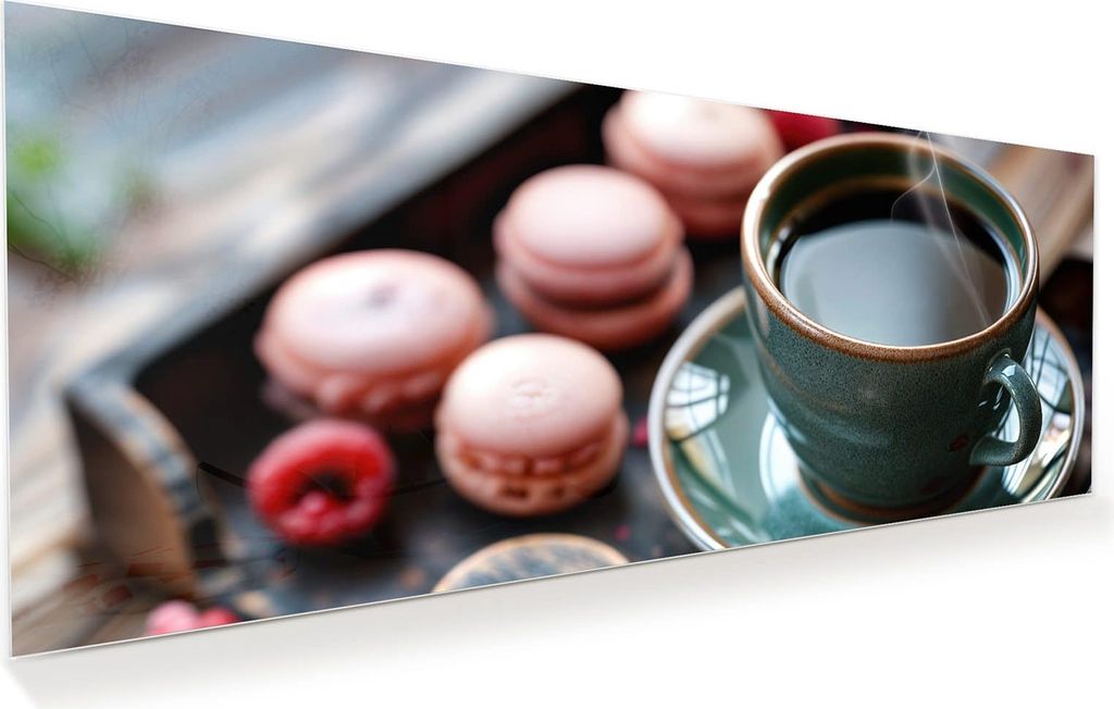 Glasbild 100x40cm in XXL für Wohnzimmer, Schlafzimmer Motiv Kaffeepause Macarons