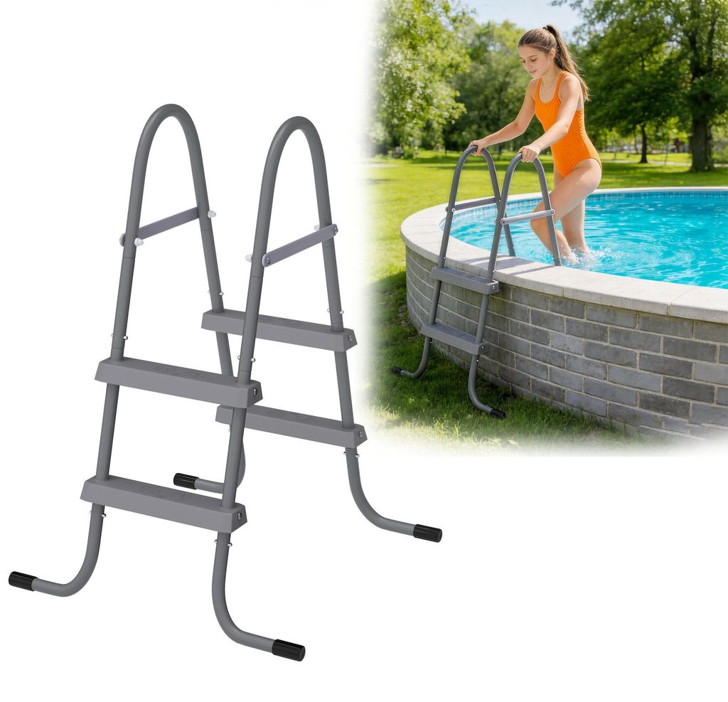 XINZI Poolleiter 2 Stufen, Rutschfeste Trittstufen, Eisen Konstruktion, Belastbarkeit bis 130 kg, für Aufstellpool, Grau