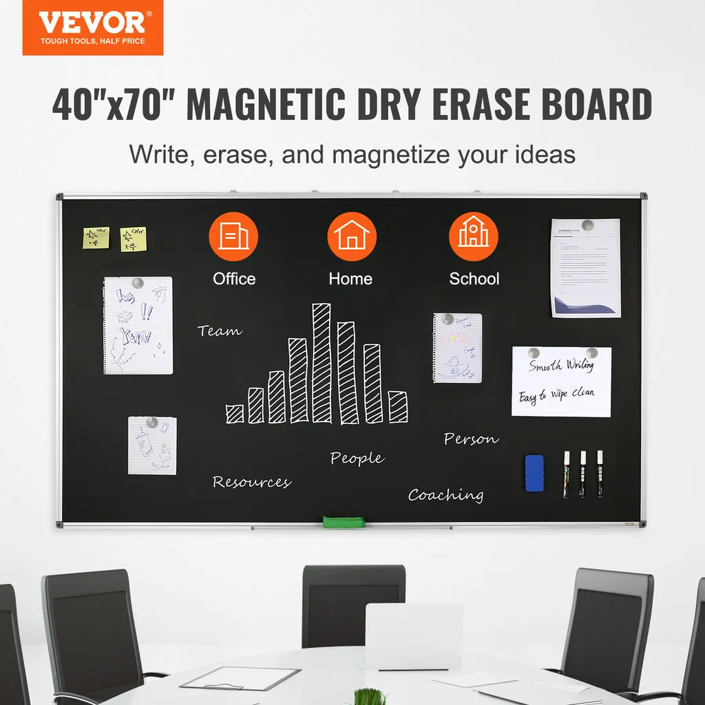 Tableau effaçable à sec 175 x 100 cm surface noire cadre alu résistant