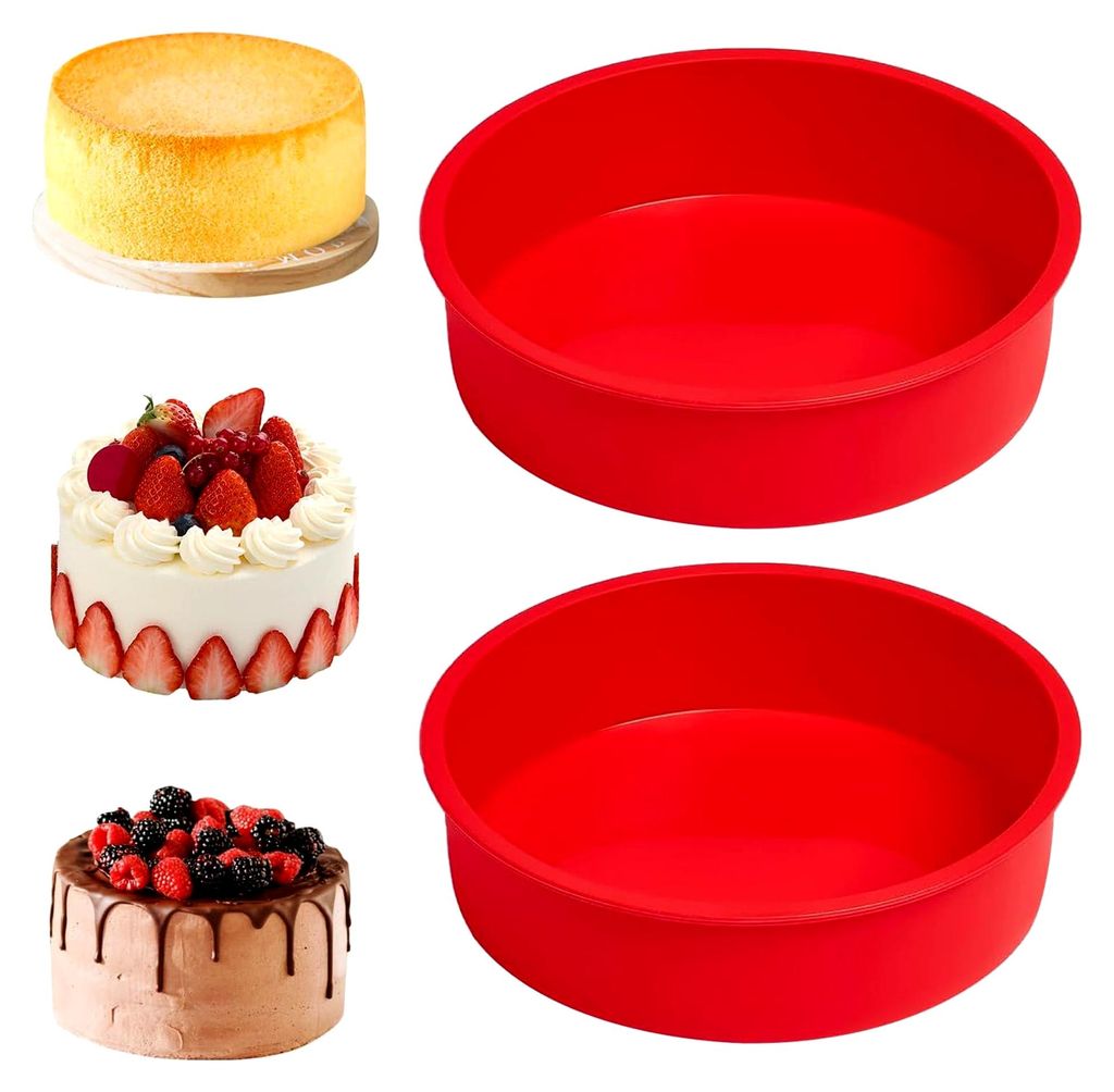 2 Stück Silikon Backform Rund, 20 cm, BPA-frei, für Schichtkuchen, Käsekuchen und Regenbogenkuchen (Rot)