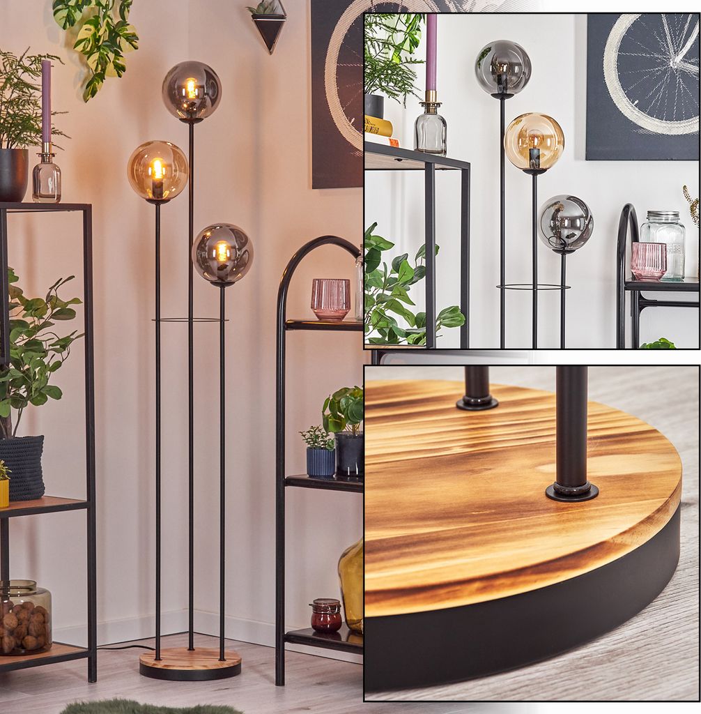 Fossobiubo Stehlampe aus Metall/Holz/Glas in Schwarz/Hellbraun/Rauch/Bernstein
