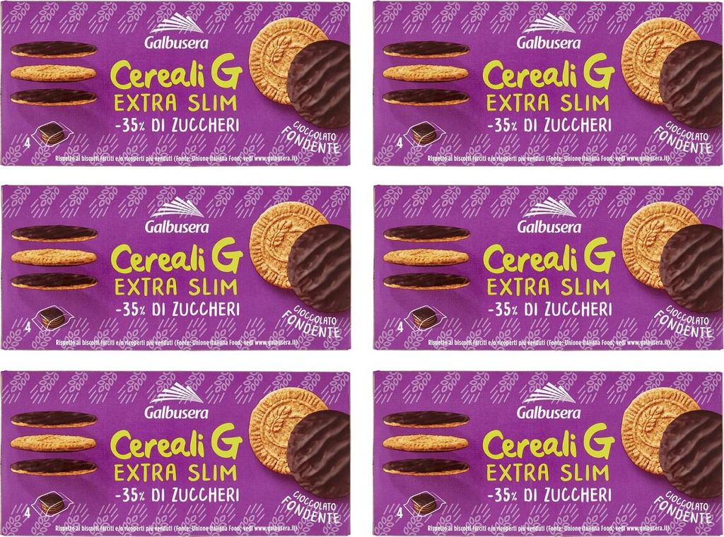 6x Galbusera Cereali G Extra Slim Fondente Müslikekse Kekse aus Getreide Umhüllt von Dunkler Schokolade Packung à 120g, jede Packung enthält 4 ...