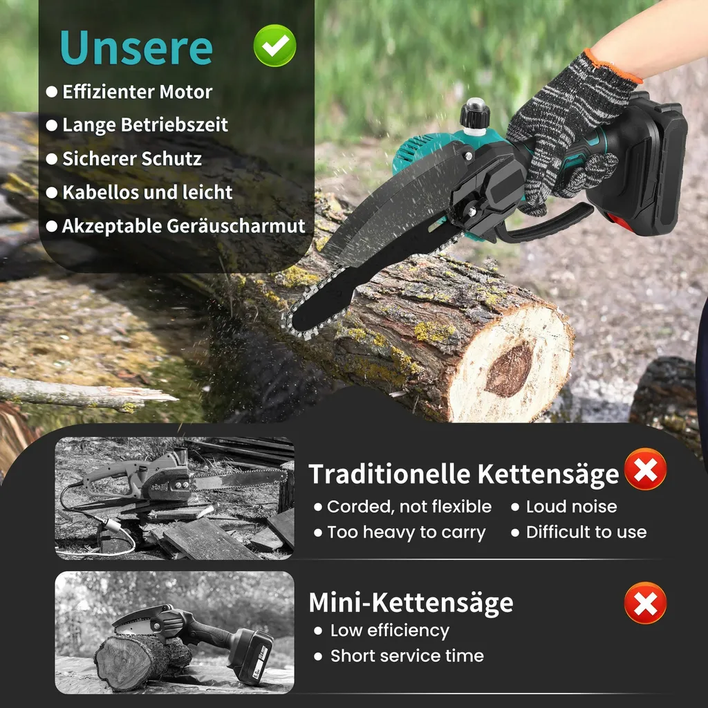 Mini tronçonneuse à une main, pack 2 batteries 2.0Ah, guide 15cm léger - 8