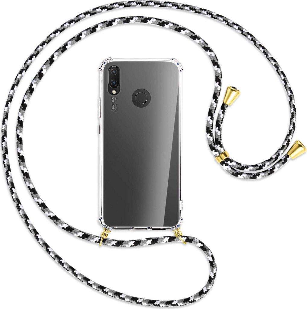 Handykette Backcover-Schutzhülle mit Band (Metall goldfarben) für Huawei P Smart Plus, nova 3 / 3i - schwarz/grau/weiß