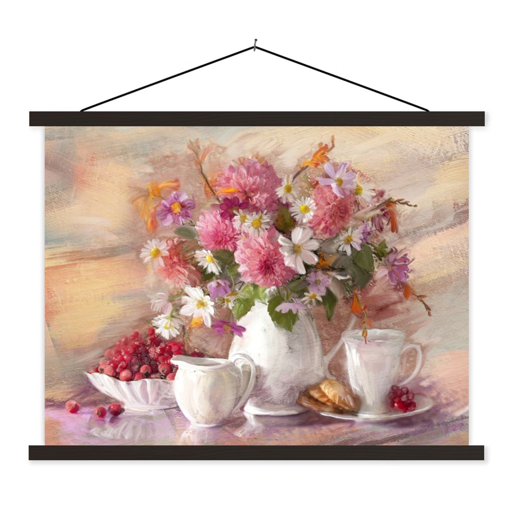 MuchoWow Textilposter Gemälde - Blumen - Vase - Ölfarbe 60x45 cm mit schwarzem Rahmen - Poster Schlafzimmer