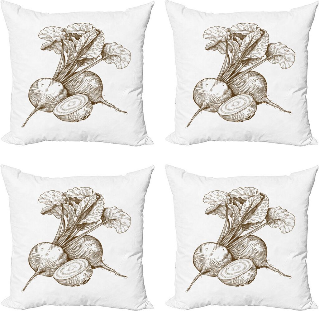 ABAKUHAUS Gemüse Kunst Kissenbezug Set (4 Stück), Vintage Beet, Moderner Doppelseitiger Digitaldruck, 40 cm x 40 cm, Schokoladen-Weiß