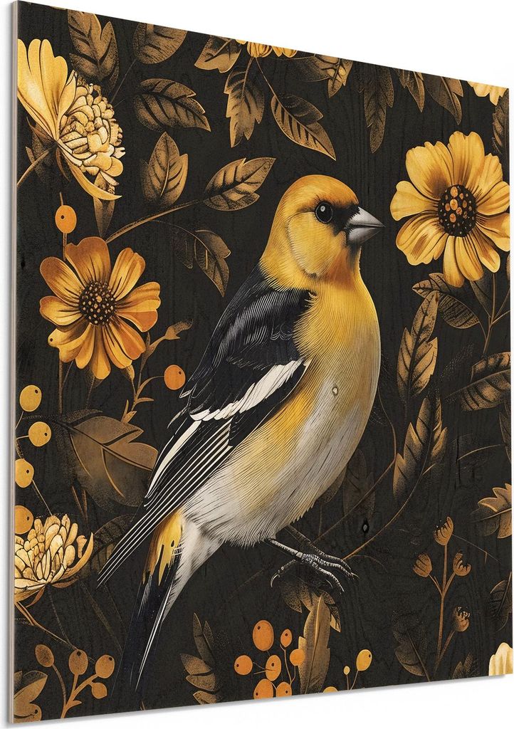 DEQORI Holzbild 50x50 cm 'Goldfink im Blütenmuster' Bild auf Holz Wandbild Kunstdruck