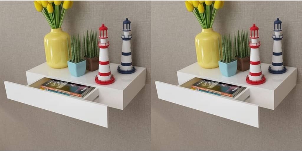 The Living Store Wandregal Hängeregal mit Schubladen 2 Stk. Weiß 48 cm