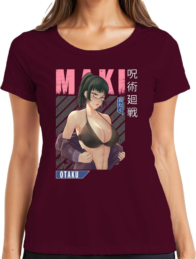 MAKI Otaku Anime Ästhetik Bikini Brille y Fan Geschenk Retro Damen T-Shirt, Burgundy, XXL