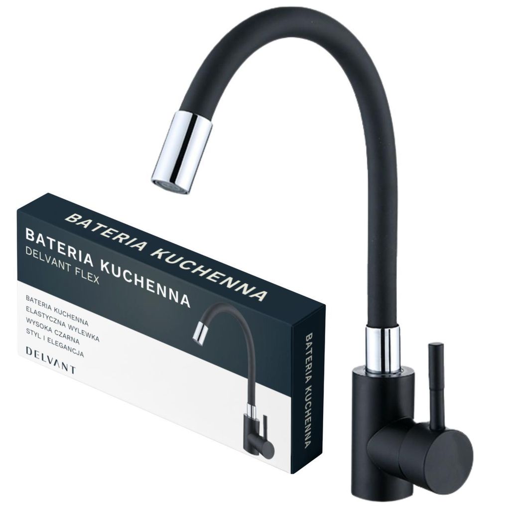 A black kitchen faucet with a flexible hose and a product box.