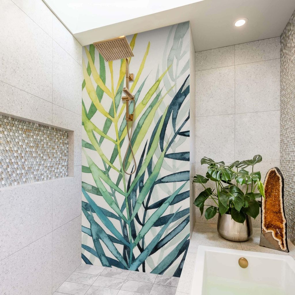 Duschrückwand mit Motiv selbstklebend - 0.61 mm Wandpaneel wasserfest Pflanzen weiss Tropisch Badrückwand fugenlos Premium matt 80x190 cm
