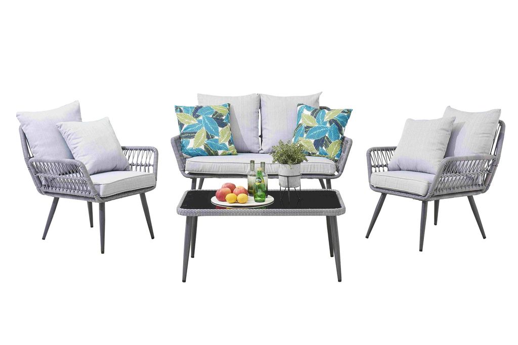 SIT Möbel Outdoor-Sitzgruppe | 2 Stühle, 1 Bank, 1 Couchtisch, inkl. Kissen | Tischplatte Glas | Metallgestell | 19001-51 | Serie GARTEN