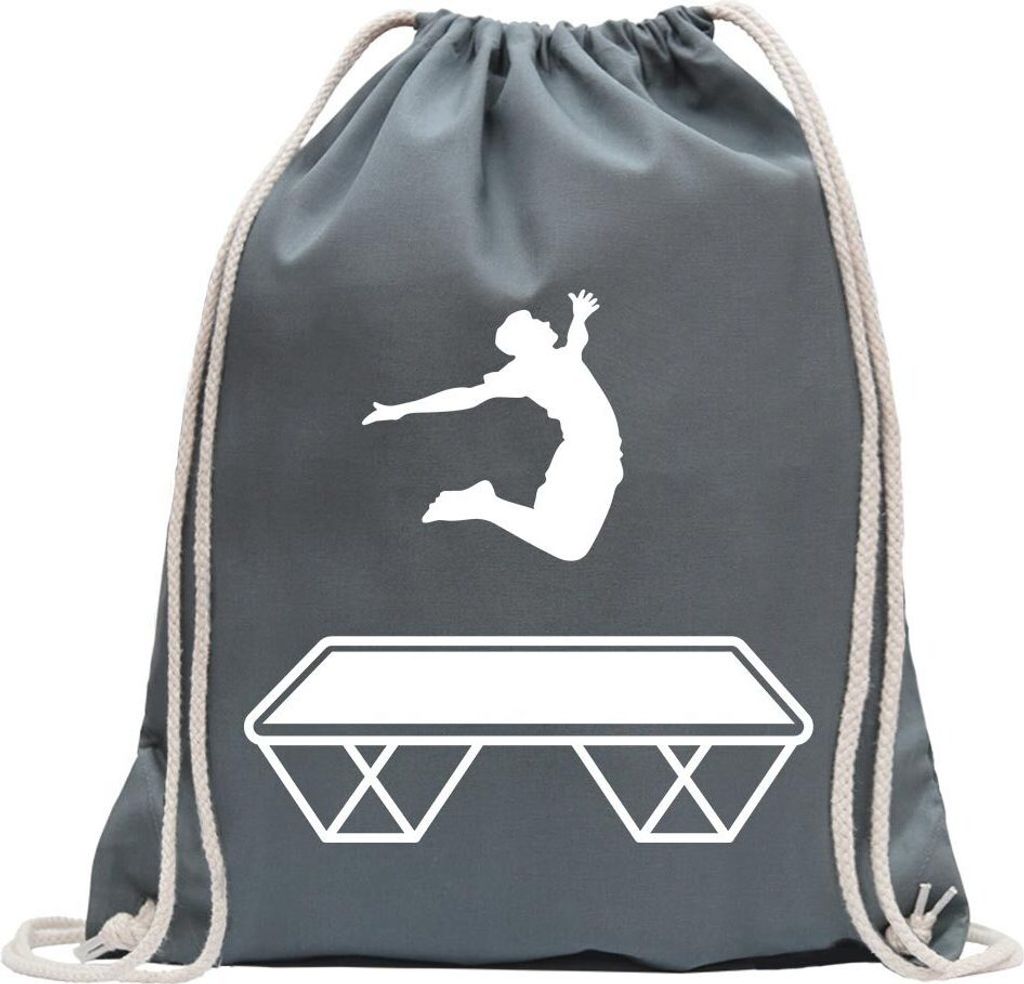 Kiwistar - Turnbeutel - stahlgrau - Trampolin Springen Figur - Fun Rucksack Sport Beutel Gymsack Baumwolle mit Ziehgurt