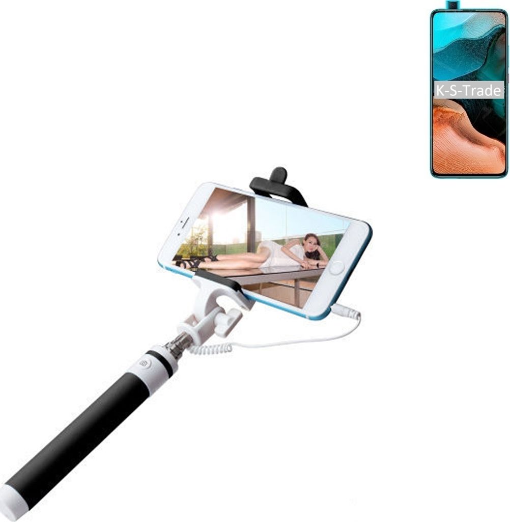 K-S-Trade Selfie Stick kompatibel mit Xiaomi Redmi K30 Pro Selfiestick kabelgebunden Monopod mit Kabel Stab Stange Selfportrait Handheldstick schwarz