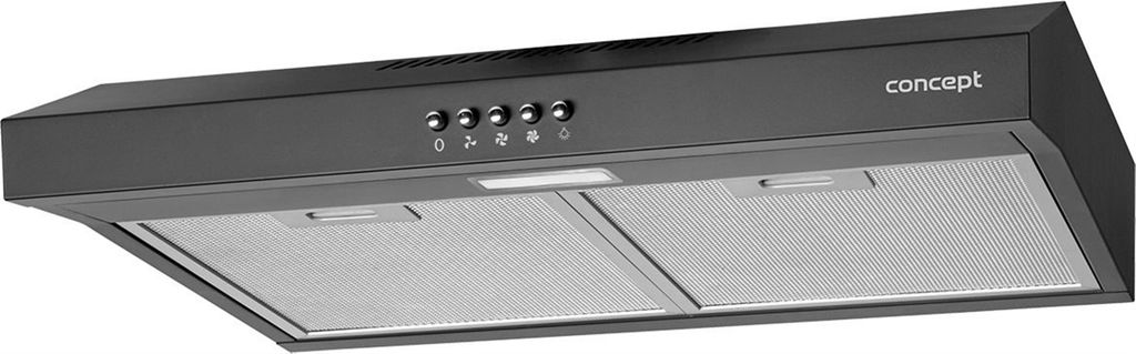 A black kitchen range hood is shown from a front-side angle against a white background.
