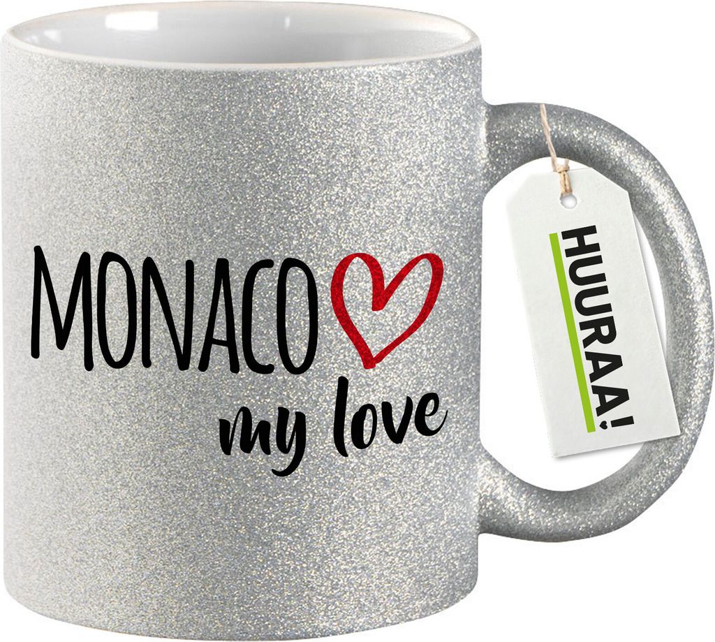 Huuraa Glitzertasse Monaco my love 330ml Silber Keramik Kaffeebecher Geschenkidee