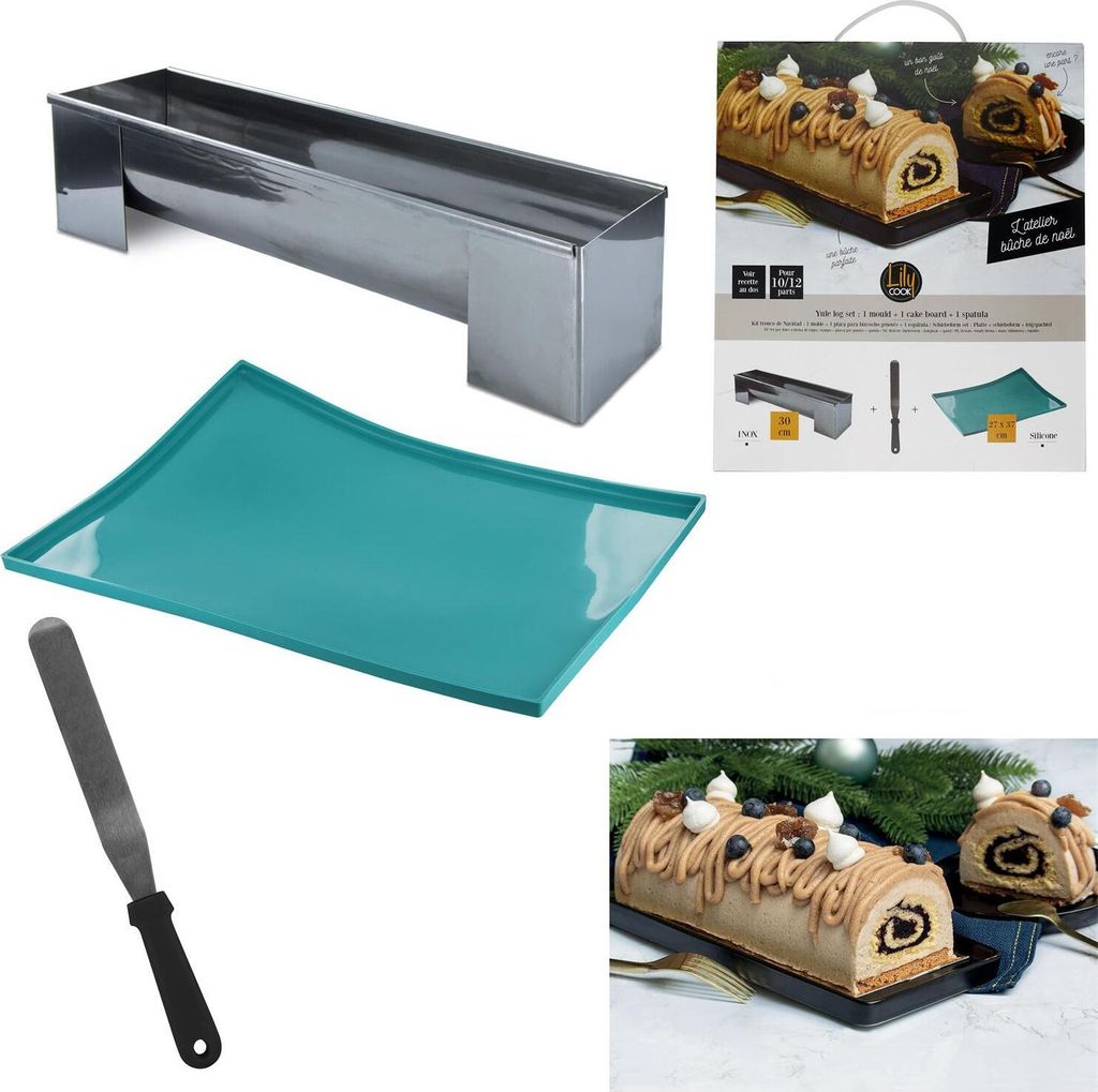 Komplettes Kuchenform-Set mit Spatel und Silikon-Backmatte – Edelstahl-Backform für Bûche de Noël, Biskuitrollen und Dessertkreationen – Silber