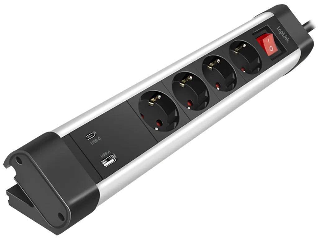 Prise Multiple 4 Voies avec 2 USB et Interrupteur pour Bureau LogiLink
