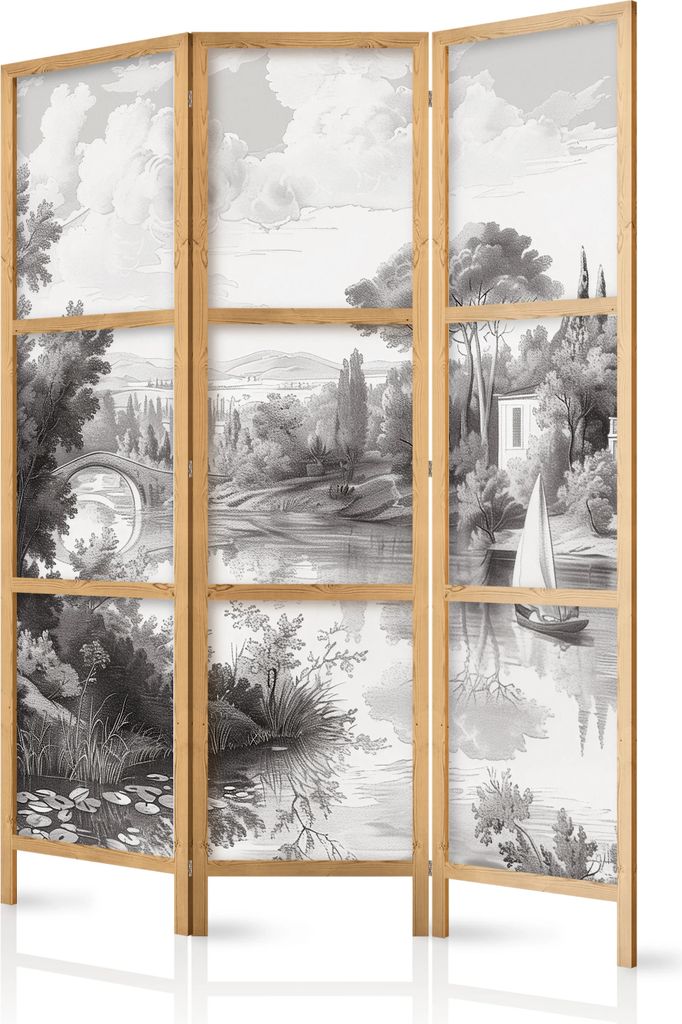 3-teiliger Einseitiger Vlies Japanischer Paravent - Black and White Vintage Landscape - Retro View of a Pond with a Boat. 135x172 cm Landschaften c...