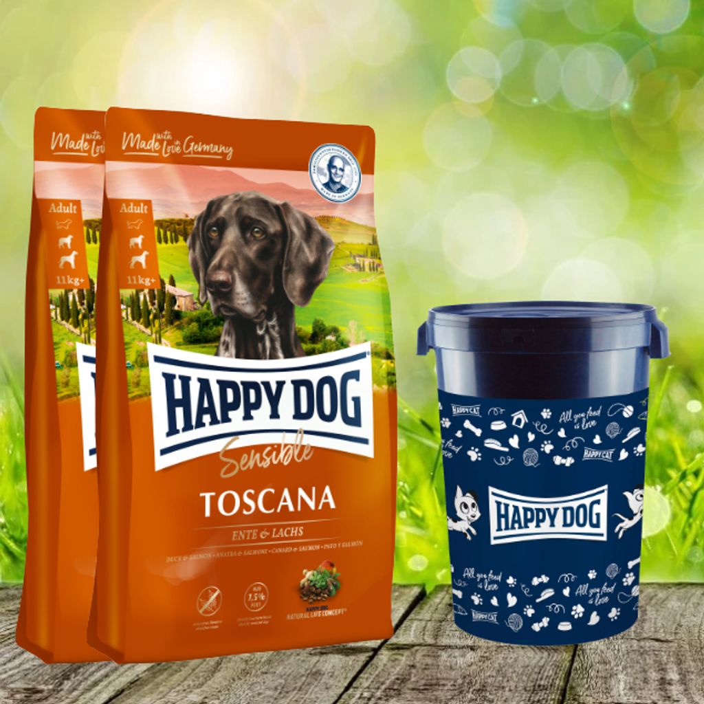 Happy Dog Sensible Toscana 2 x 12,5 kg + Happy Dog Futtertonne 43 Liter geschenkt